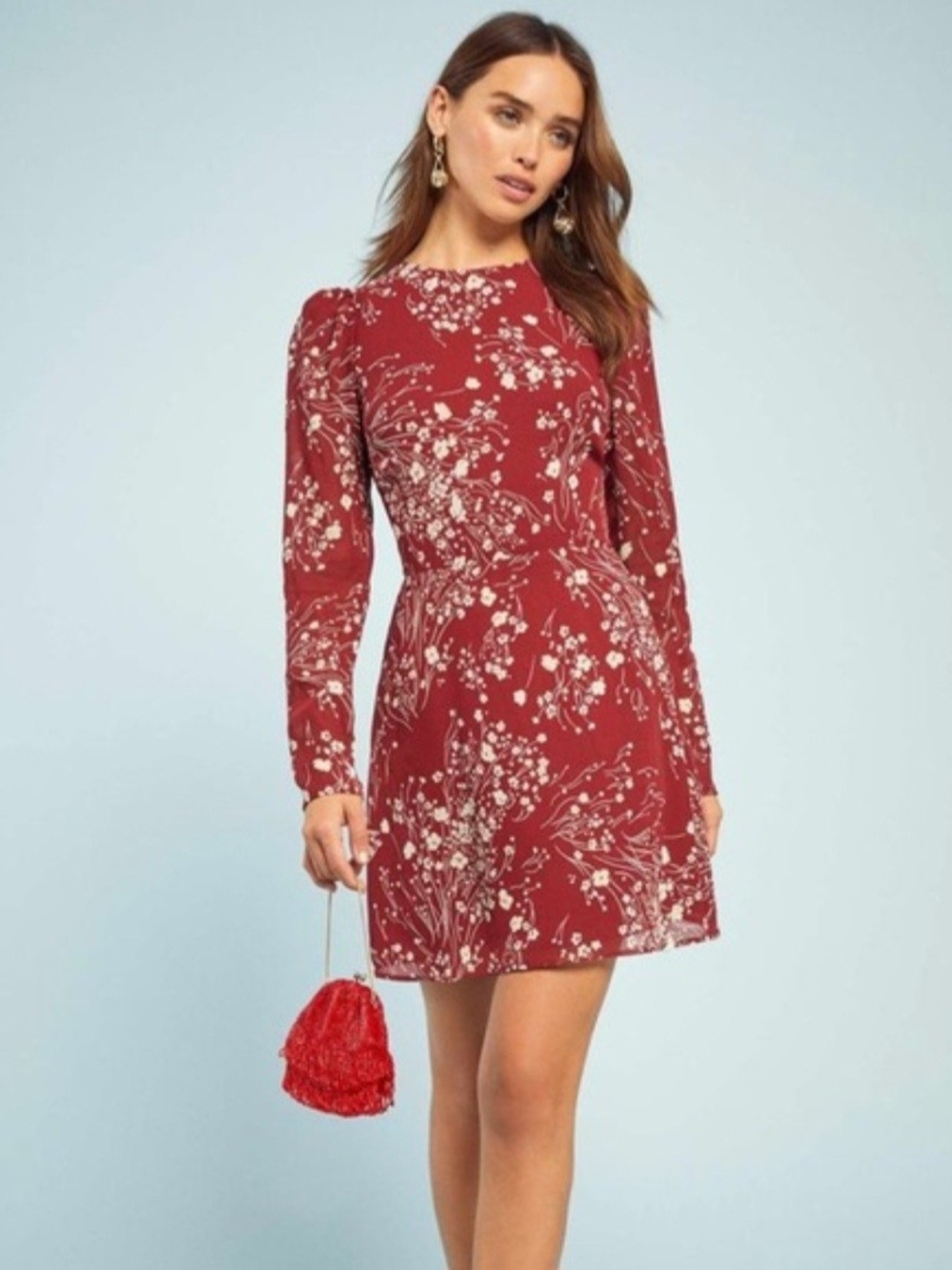 Reformation Burgundy Floral Long-Sleeve Mini Dress